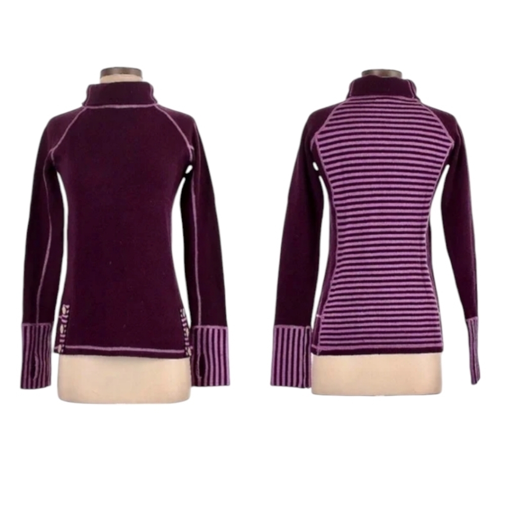 Akini Wool Mock Neck Indie Boho Sweater Purple Stripe Pullover Buttons sz XS - Picture 10 of 13